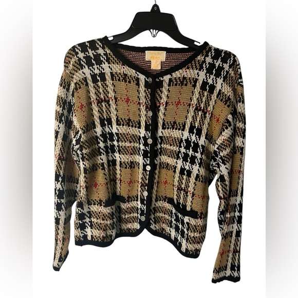 Tally-Ho Tan plaid button down cardigan sweater size M - Picture 1 of 5